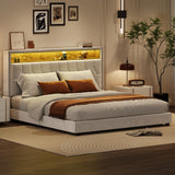 Garvee Full Bed Frame with LED Light and Charging Station, Upholstered Button Headboard, Wood Slat, No Box Spring Needed, Easy Assembly - Off White