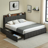 Garvee King Size Bed Frame with 2 Storage Drawers, Linen Upholstered Platform Bed Frame with Storage Headboard and Charging Station, Heavy Duty, Easy to Assemble, No Box Spring Needed, Grey - 