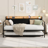 Garvee Daybed With Trundle And LED Light, Metal Twin Size Bed Frame, Corduroy Upholstered Headboard, Black, Living Room, Bedroom, Guest Room - Black