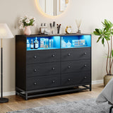 Garvee Wide Dresser for Bedroom with Charging Station, 6 Drawers, LED Lights, Wood, Modern Large Capacity Storage, Black - Black