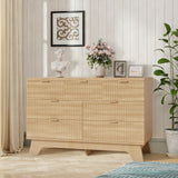 Garvee 7 Drawer Dresser Mid Century Modern Fluted Chest with Gold Handles for Bedroom Living Room Hallway Entryway 47" Oak