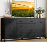 Garvee 63" W Black Dresser TV Stand for 65 70 75 Inch TV with 14 Drawers and Power Outlets, Bedroom Storage Solution, Large Fabric Dresser - Black