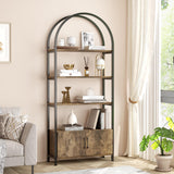 Garvee 4 Tier Arched Bookshelf with Doors Storage Industrial Metal Frame Bookcase for Living Room and Office Brown 71.5 Inch