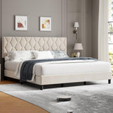 Garvee Queen Bed Frame with Headboard, Beige Upholstered Bed Frame Queen, Heavy-Duty Queen Platform Bed Frame with Strong Wood Slats, Upholstered Mattress Foundation No Box Spring Needed - Beige
