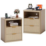 Garvee Fluted Nightstand Set of 2 with Charging Station, Bedside Table with 2 Drawers & Open Storage, Metal Handles, Rounded Corners, Bedroom Side Tables, White