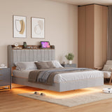 Garvee Floating Bed Frame Queen with LED Lights & USB Charging Station, Modern Upholstered Platform Bed, Solid Wood Slats, Grey - Grey