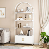 Garvee 71.5" Tall Arched Bookshelf, 4-Tier Bookcase with Doors, Industrial Metal Frame, White, Living Room Home Office