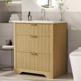 Garvee 24" Fluted Bathroom Vanity With Sink, Farmhouse Freestanding Cabinet, Natural Oak, 24 Inch, White Ceramic - Natural Oak