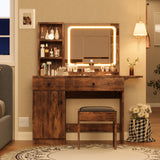 Garvee Makeup Vanity Desk with Mirror and Lights, Vanity Table Set with Drawer & Power Outlet, Bedroom, Brown - Brown