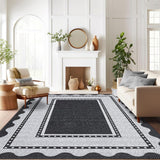 Garvee Modern Neutral 9x12 Area Rug Large Washable Rugs for Living Room, Low Pile Non Slip Stain-Resistant Soft Carpet, Black Grey - Border|Black