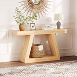 Garvee 2-Tier Console Table Farmhouse Wooden Trapezium Sofa Table with Open Storage Shelf for Entryway Hallway Living Room - Natural Oak - Natural