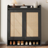 Garvee Black Shoe Cabinet with 2 Rattan Doors, Adjustable 5-Tier Wooden Shoe Rack for Entryway, Hallway, Living Room, Spacious Black - Black