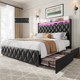 Garvee King Size Bed Frame with 50.8 in Tall Headboard, 4 Storage Drawers, USB Charging Station, LED Lights, Black - Platform Leather Upholstered Bed for Bedroom - Black