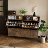 Garvee 55in Farmhouse Shoe Storage Cabinet With 4 Flip Drawers, Metal Legs, Anti-Tip, Entryway, Narrow, Wood Color