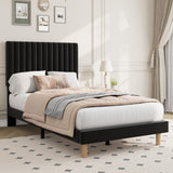 Garvee Twin Size Velvet Upholstered Bed Frame Adjustable Height Headboard Black Modern Platform Bed No Box Spring Needed - Black