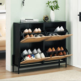 Garvee Natural Rattan Shoe Cabinet with 4 Flip Drawers, Entryway Hallway Free Standing Shoe Racks, Hidden Shoe Cabinet with Metal Legs for Heels, Boots, Slippers, Sneakers - Black+Oak