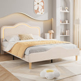 Garvee Full Size Upholstered LED Bed Frame with Adjustable Headboard and Footboard, Velvet Princess Platform Bed for Kids, Beige, Twin Size - Beige