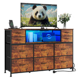 Garvee 10 Fabric Drawers Dresser TV Stand with Power Outlet & LED Light for 45-55" TV Rustic Brown - Rustic Brown