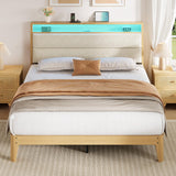 Garvee Queen Size Bed Frame with Storage Headboard, LED Boucle Bed Frame, Charging Station, Cream, Easy Assembly - Cream