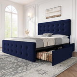 Garvee Full Size Bed Frame with 4 Storage Drawers and Velvet Upholstered Headboard, Wooden Slats Support, Blue, Adjustable Height