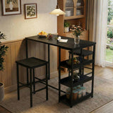 Garvee 3-Piece Kitchen Table Set with Storage Shelves & 2 Bar Stools - Iron and Wood Dining Table for Small Spaces, Black