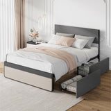 Garvee Queen Bed Frame + Storage Drawers + Upholstered Headboard + Steel Slats Support + Noise-Free + Linen Fabric + For Small Rooms - Grey