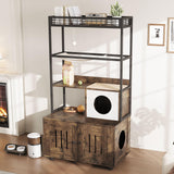 Garvee Cat Litter Box Enclosures with Storage Rack, Multifunctional Cat House, Sisal Balls, Hammock, Scratching Mat, Space-Saving, Durable, Waterproof, Easy Clean - Brown