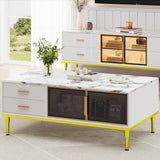 Garvee Large Coffee Table Faux Marble Top With 4 Drawers & Glass Doors Storage For Living Room 45.6x26.7x18.1 White & Gold - White+Gold