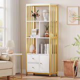 Garvee 4-Tier Gold Bookcase with 3 Drawers, 62" White Gold Bookshelf for Office and Living Room, Metal Frame, Floor Standing Storage Cabinet