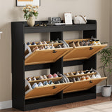 Garvee Rattan Shoe Cabinet With 4 Flip Drawers Adjustable Wooden Organizer For Entryway Hallway Closet Black - Black