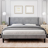 Garvee Queen Bed Frame with Headboard and Wingback, Velvet Upholstered, Storage Pockets, Solid Wood Slat Support, Light Grey, Queen Size - Light Grey
