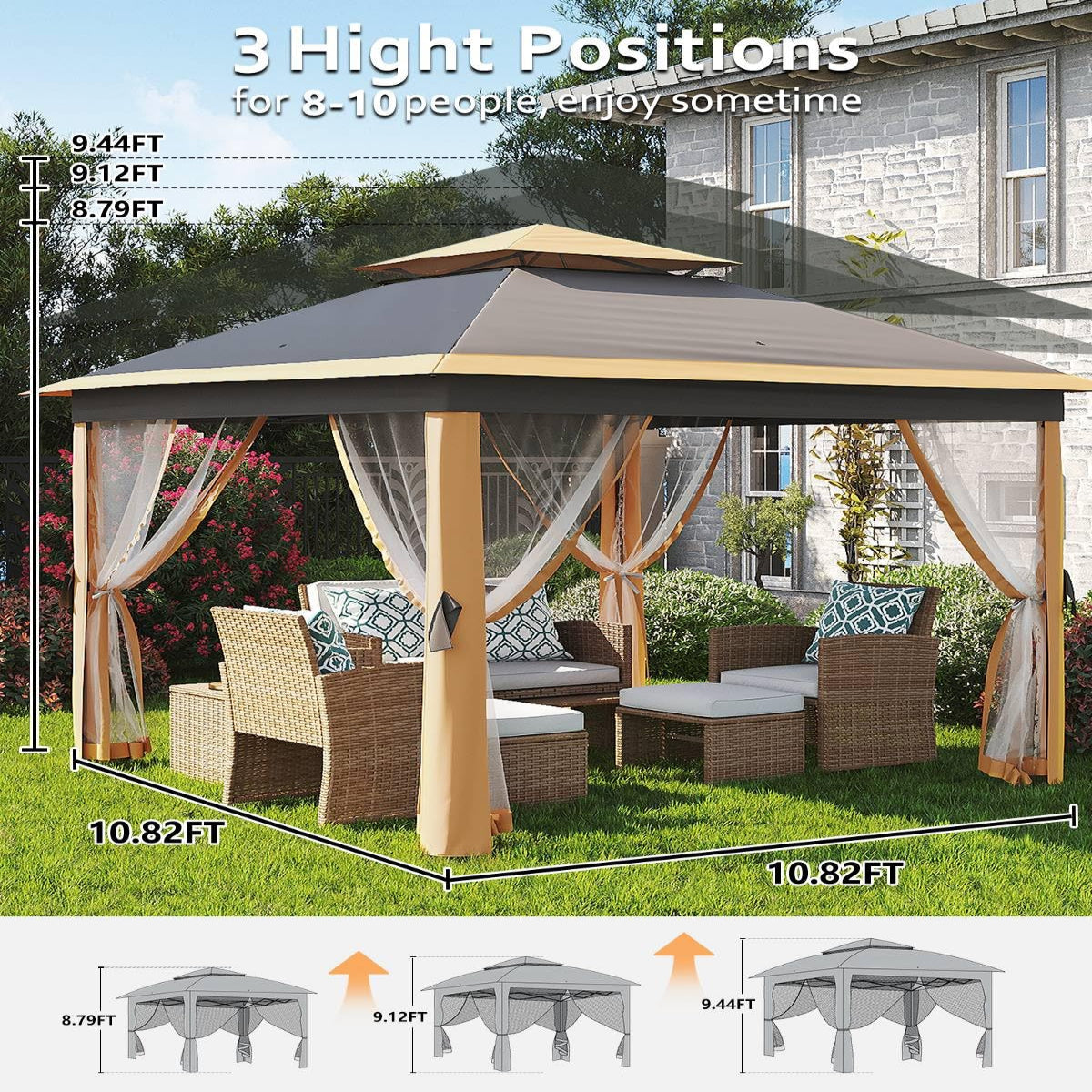Garvee 11x11 ft Outdoor Gazebo Heavy Duty Metal Frame Double Roof Patio Shelter Mosquito Net Khaki