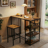 Garvee 3-Piece Kitchen Table Set with Storage Shelves & 2 Bar Stools - Iron and Wood Dining Table for Small Spaces, Rustic Brown
