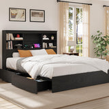 Garvee Queen Size Bed Frame with High Storage Bookcase Headboard, 4 Storage Drawers, Built-in Charging Station, Vintage Black - Vintage Black