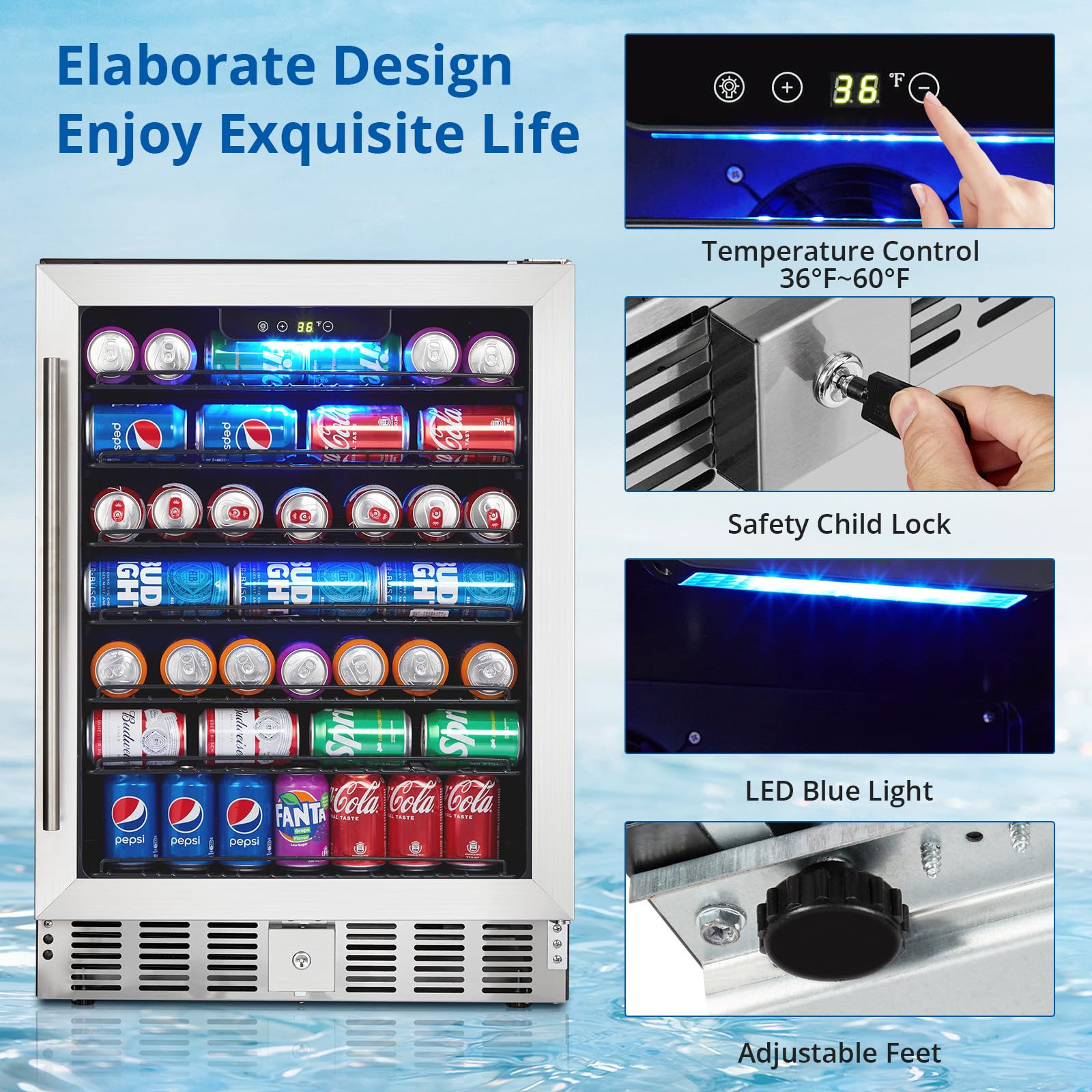 Garvee 5.1 Cu.ft Beverage Refrigerator – 166 Can Capacity, Adjustable Temperature, Under Counter Design, Quiet LED Small Cooler