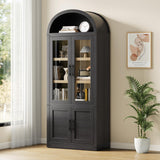 Garvee Arched Bookcase with Doors Modern 6-Tier Bookshelf Wooden Display Cabinet Farmhouse Storage Shelves for Living Room Kitchen Office 71.65"x29.92"x15.83" Natural Wood - Black/Natural