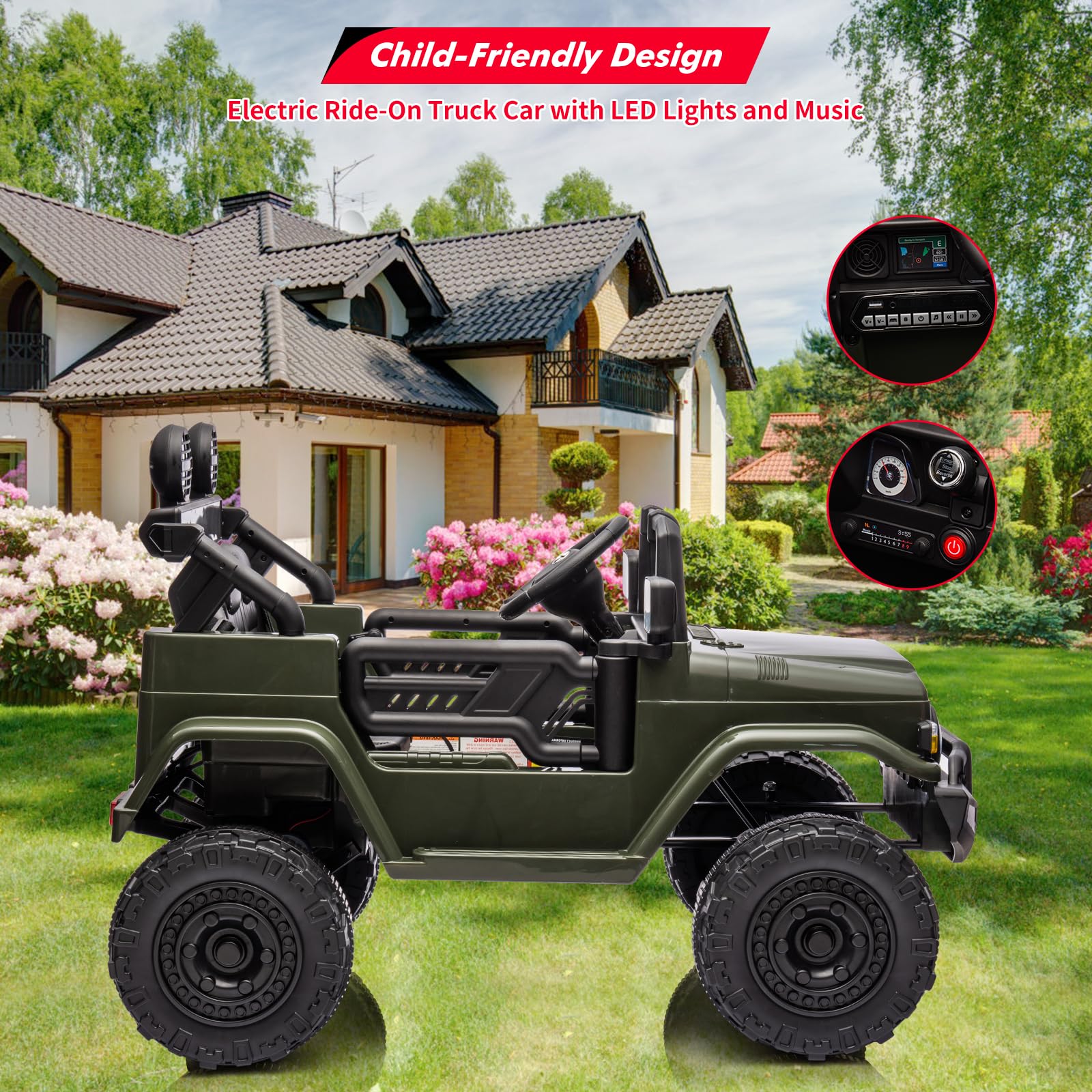 Garvee Ride - P Series: 12V Ride on Car for Kids, Licensed Toyota Ride on Truck, Battery Powered Electric Kids Car with Remote Control, Music, LED Lights, Suspension System, Double Doors, Safety Belt,Ride On Toy - Green
