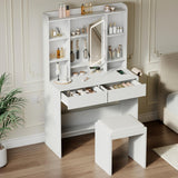 Garvee Vanity Desk with Mirror and Lights, Padded Stool, Bedroom, 35.43inW x 15.75inD x 57.09inH, White