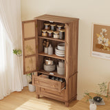 Garvee 64"H Farmhouse Pantry Cabinet with 2 Rattan Doors, Adjustable Shelves, Freestanding Food Cupboard for Kitchen, Dining Room & Bathroom, Walnut Finish