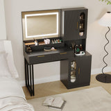 Garvee Fluted Vanity with Mirror and Lights, Wooden Makeup Table with Charging Station, Drawers & Storage Cabinets, Black - Black