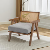 Garvee Mid-Century Farmhouse Accent Chair Wood Armchair with Rattan Backrest Linen Cushion for Living Room Bedroom Gray Easy Assembly