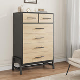 Garvee Rustic Dresser with 6 Storage Drawers, Modern Wooden Dresser with Metal Legs for Bedroom, Living Room, Hallway, Natural Oak and Black