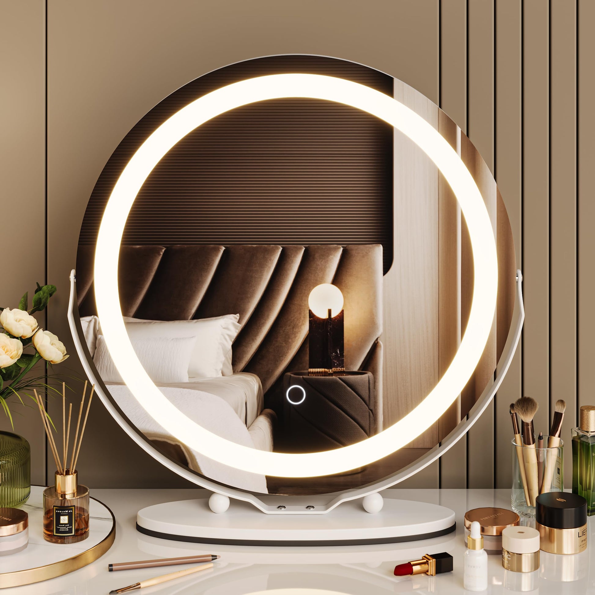 Garvee 19" Vanity Mirror with Led Lights, Large Round Makeup Mirror with Touch Control and 3 Color Lighting Modes, 360° Rotating Vanity Mirror for Bedroom, Table Top, Easy to Install, White