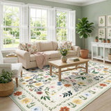 Garvee Washable Floral Rugs 8x10 Large Vintage Living Room Carpet Boho Non-Slip Soft Low Pile Thin Bedroom Floor Mat Indoor Green