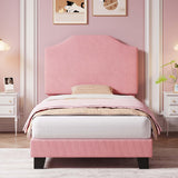 Garvee Twin Size Velvet Bed Frame Pink Corduroy Upholstered Adjustable Headboard Strong Wooden Slats Platform Bed for Kids - Pink