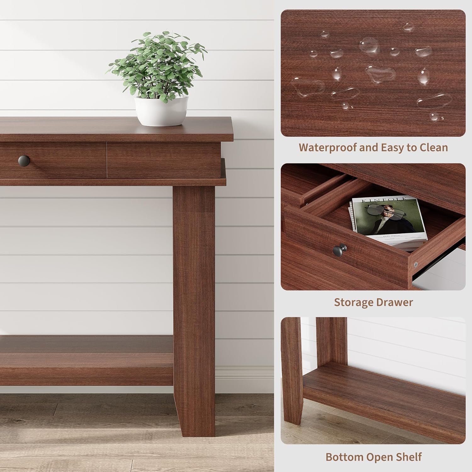 Garvee 54" Rustic Wood Console Table with 2 Drawers & Lower Shelf for Hallway Living Room Behind Couch, 54x14x30, Warm Wood