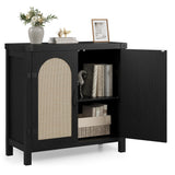 Garvee Boho Rattan Sideboard With Storage And Drawer, Adjustable Shelves, Robust Wood Frame, Kitchen Or Entryway, Natural Wood Color