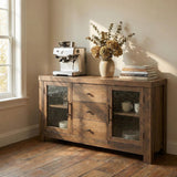 Garvee 54.4" Buffet Sideboard with 2 Glass Doors & 3 Drawers, Coffee Bar Table, TV Stand for Living Room, Kitchen, Dining Room, Brown - Brown