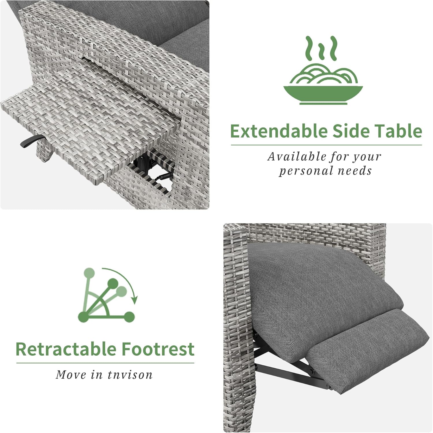 Garvee Wicker Reclining Patio Chair with Adjustable Back and Footrest, Outdoor Recliner Chair for Garden, 150° Lay Flat, Removable Cushion, Grey