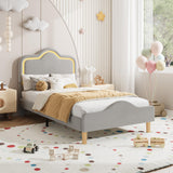 Garvee Twin Size Upholstered LED Bed Frame with Adjustable Headboard and Footboard for Kids/Girls, Gray Velvet, Wooden Slats Support - Gray